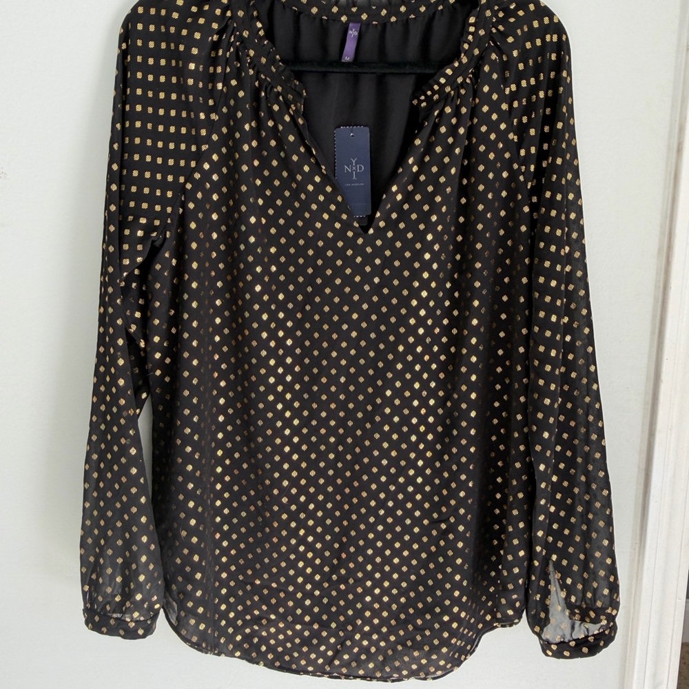 NYDJ Black Blouse with Gold Pattern- NWT!